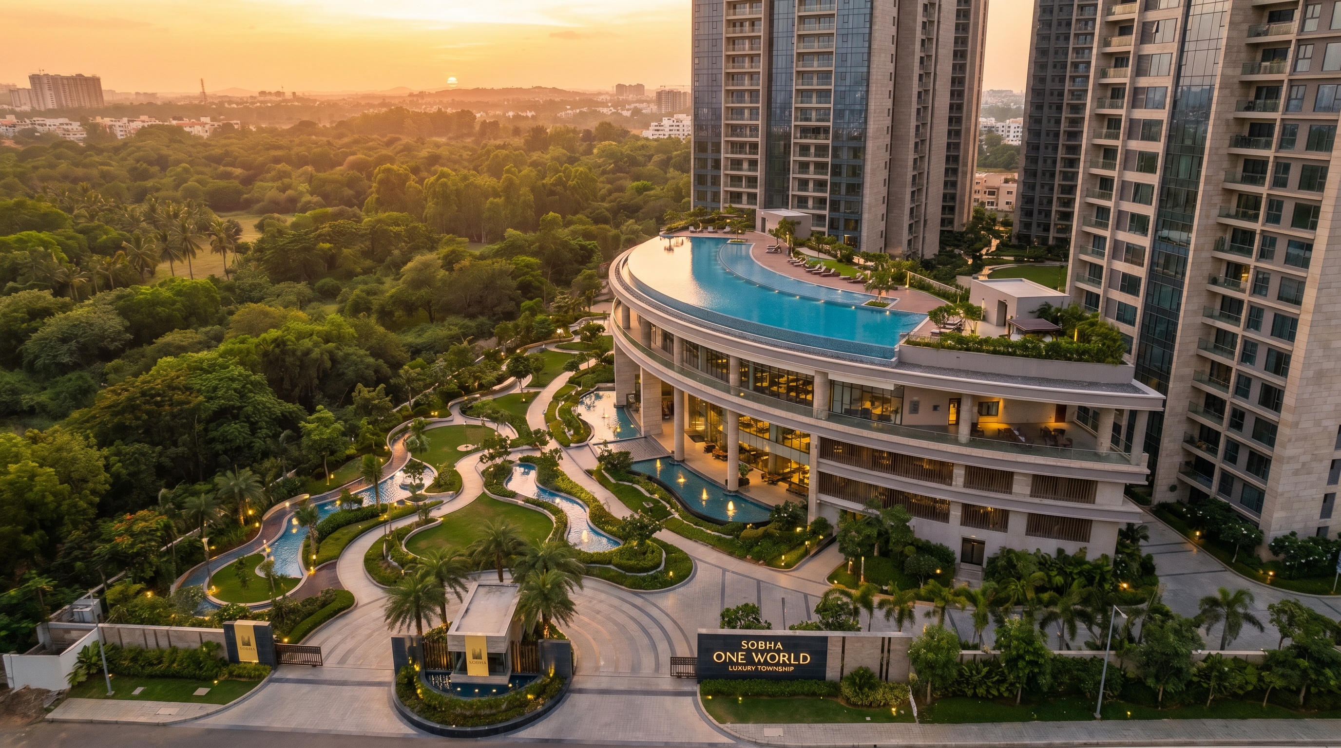 Sobha One World infinity pool and premium amenities aerial view
