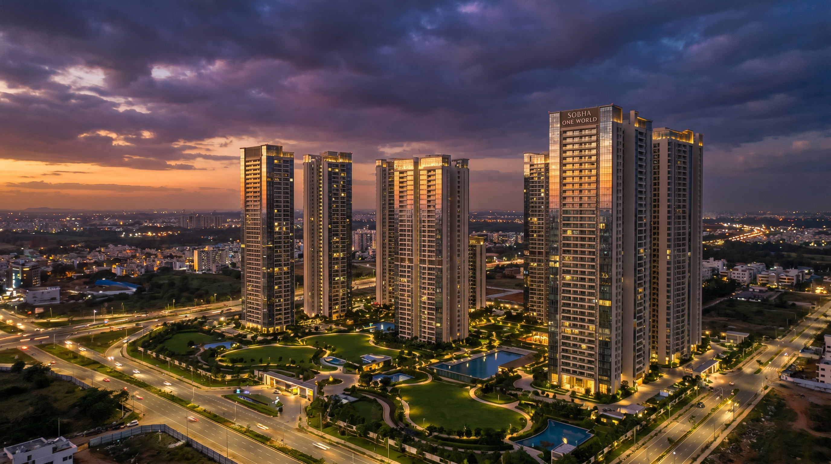 Sobha One World luxury towers in Hosakote North Bangalore aerial view